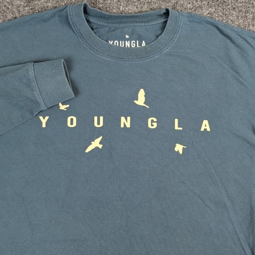 YoungLA Mens Small Long Sleeve Graphic T-Shirt Teal Blue Bird Logo
